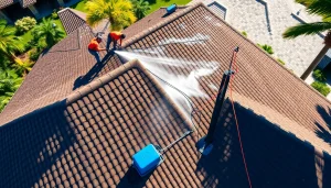 Roof cleaning on a residential home in Kissimmee, FL, showcasing professionals using a soft wash system for effective exterior maintenance.