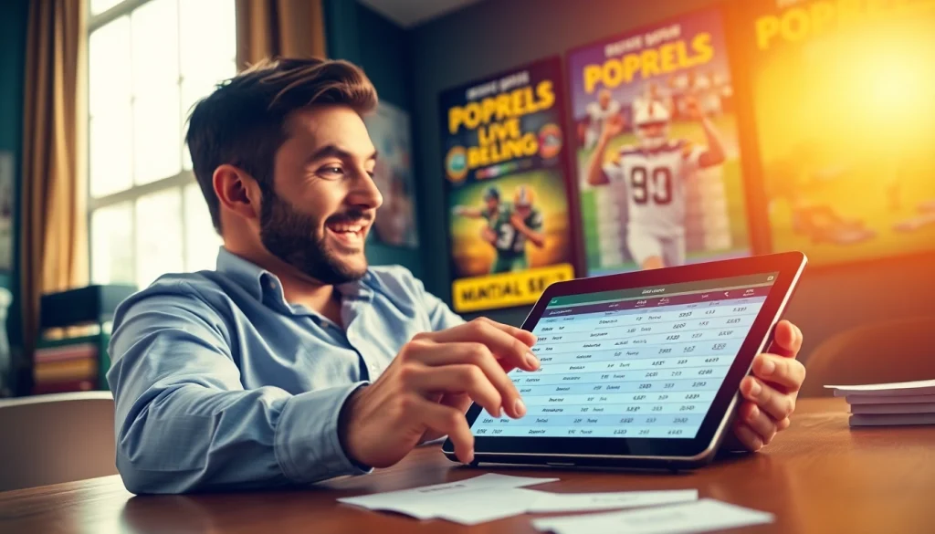 Engage in online sports betting New Brunswick while analyzing game odds on a tablet amid a vibrant setting.