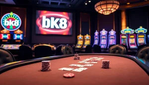 Engaging players at the BK8 casino table with vibrant poker chips, cards, and roulette wheel.