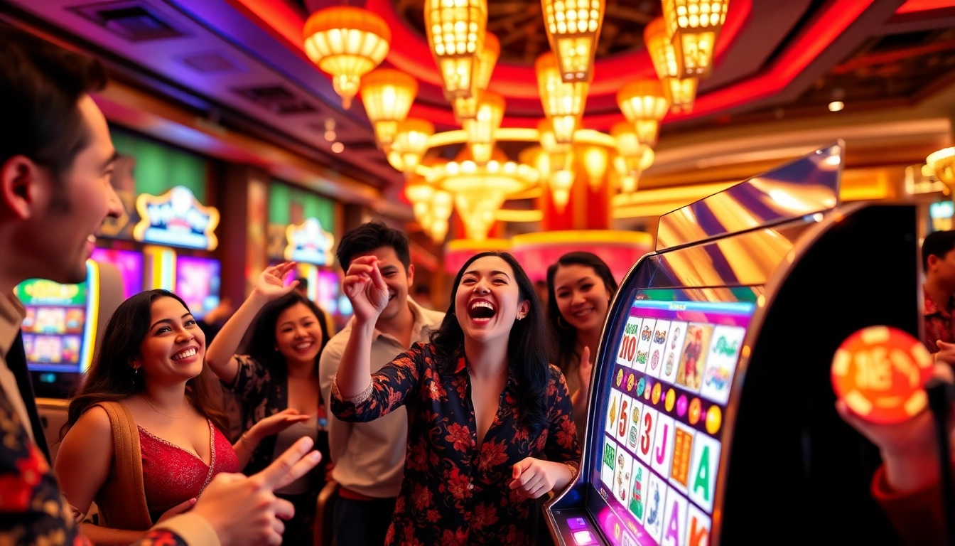 Players enjoying a mahjong slot demo in a vibrant casino atmosphere filled with excitement.