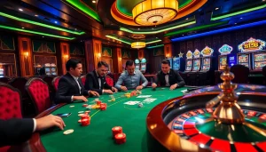 BK8 casino players enjoying a thrilling poker game at an elegant gambling table.