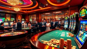 Players enjoying games at a luxurious casino featuring 7upbet-themed elements.