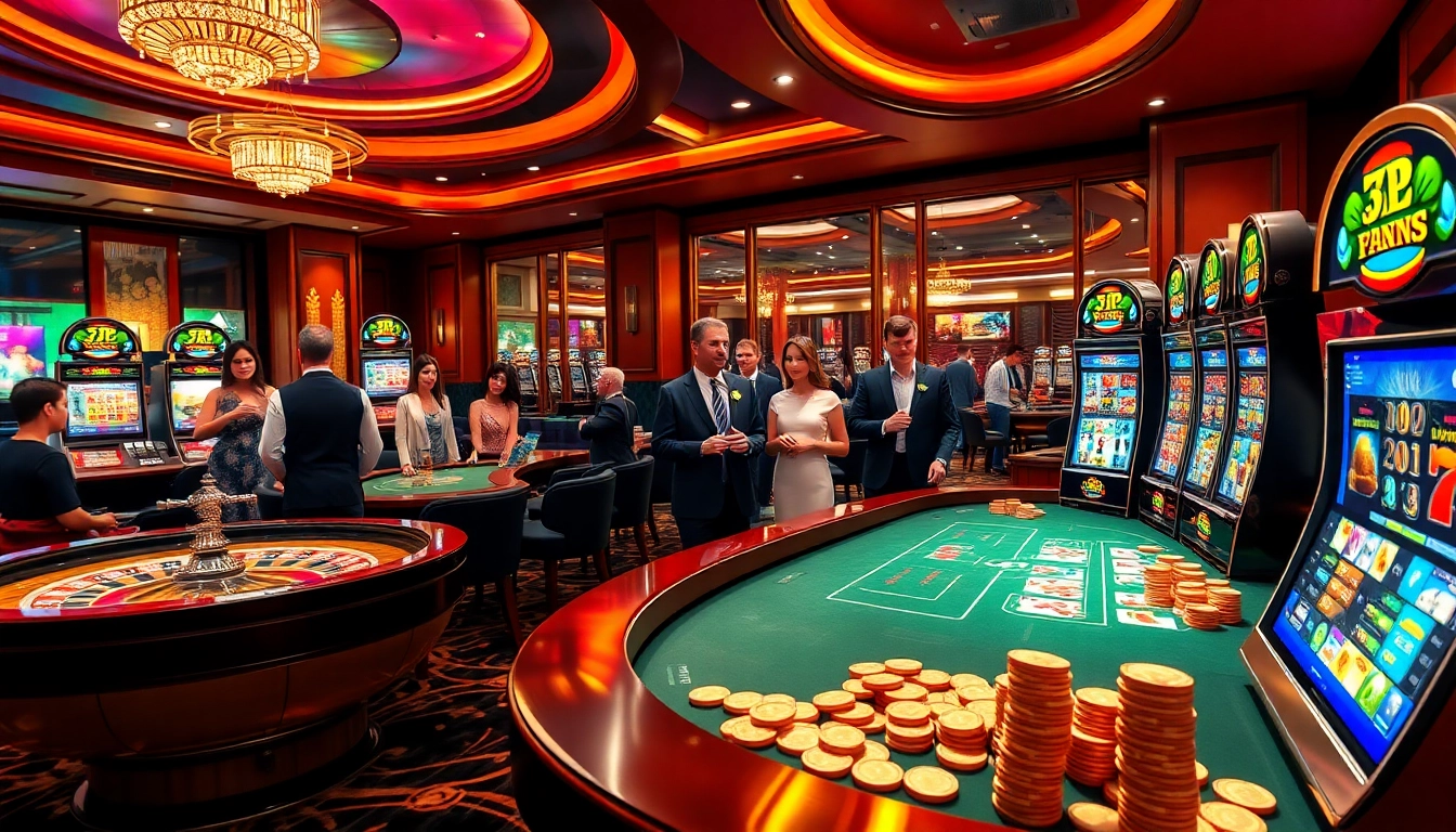 Players enjoying games at a luxurious casino featuring 7upbet-themed elements.
