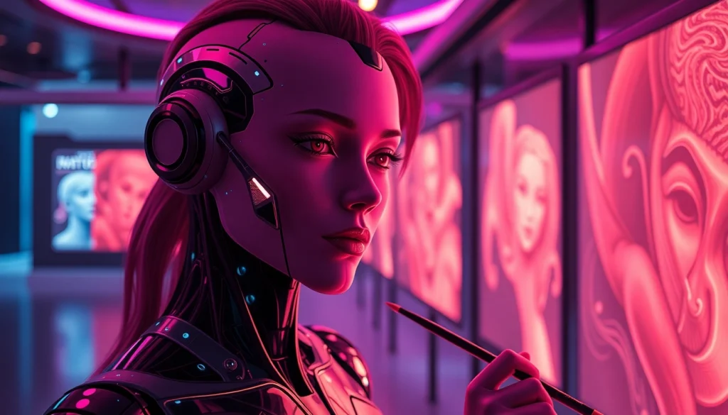 Stunning AI nsfw artwork in a futuristic gallery setting with ambient lighting.