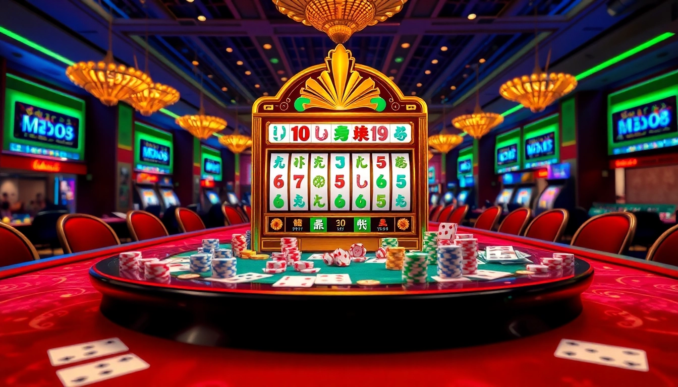 Menyoroti demo slot Mahjong dengan elemen kasino yang cerah, termasuk chip poker dan kartu.