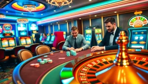 Excited players at a poker table showcasing strategies inspired by https://good88k.blog in a bustling casino.