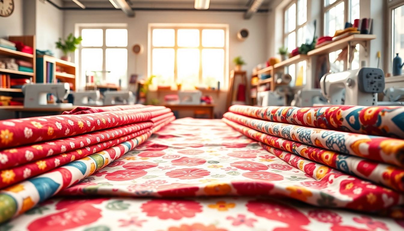 Bekijk bedrukte katoenen stoffen op een creatieve werkplek met kleurrijke patronen.