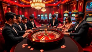 Engaged gamblers enjoying a thrilling game at rikvip368.com casino, with vibrant roulette wheel and chips.