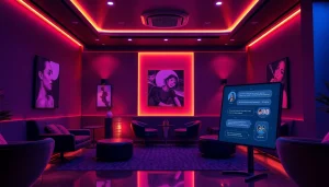 Engaging nsfw ai chatbot interface in a modern, ambient lounge setting.