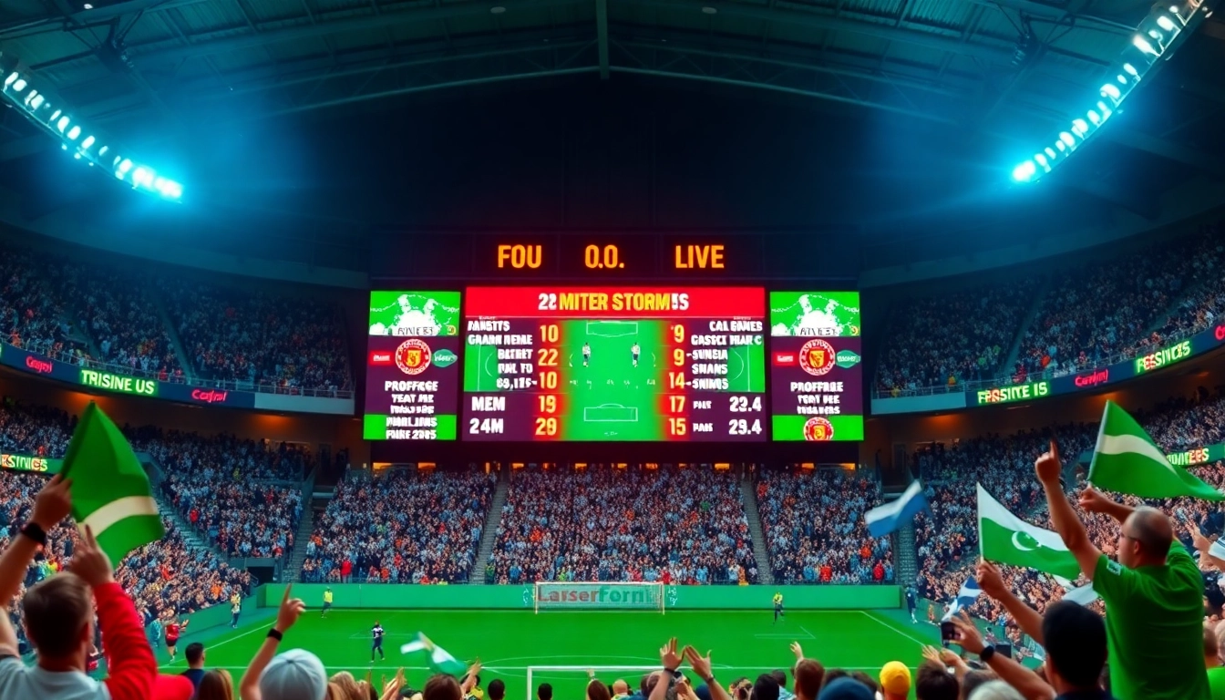 Displaying the live football scores, ผลบอลบ้าน are highlighted amid a vibrant stadium atmosphere.