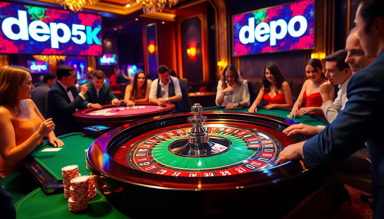 Engaging casino scene depicting depo 5k gaming excitement with vibrant chips and cards.