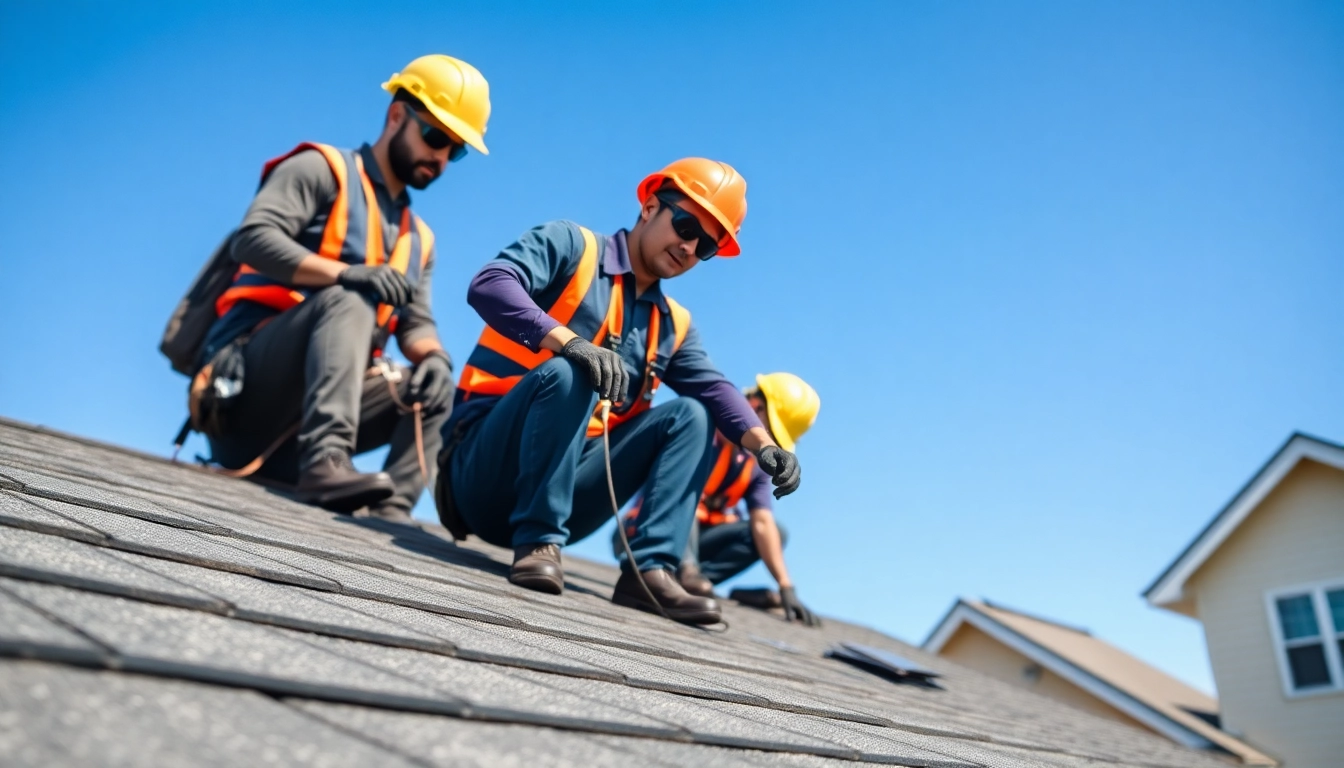 Workers providing Professional roofing services on a residential roof during sunny weather.