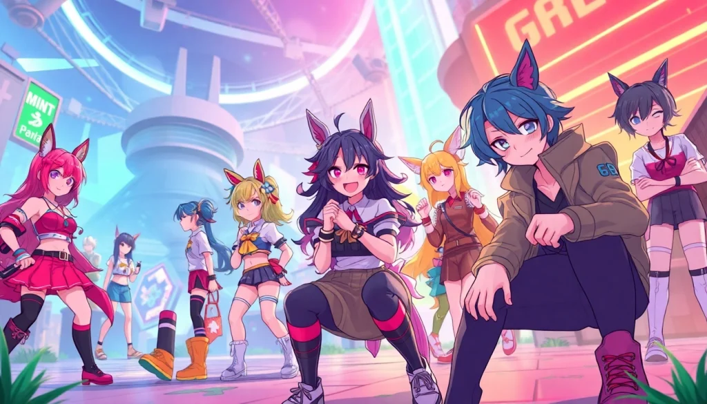 Dynamic characters in a colorful hentai game setting with vibrant neon lights.