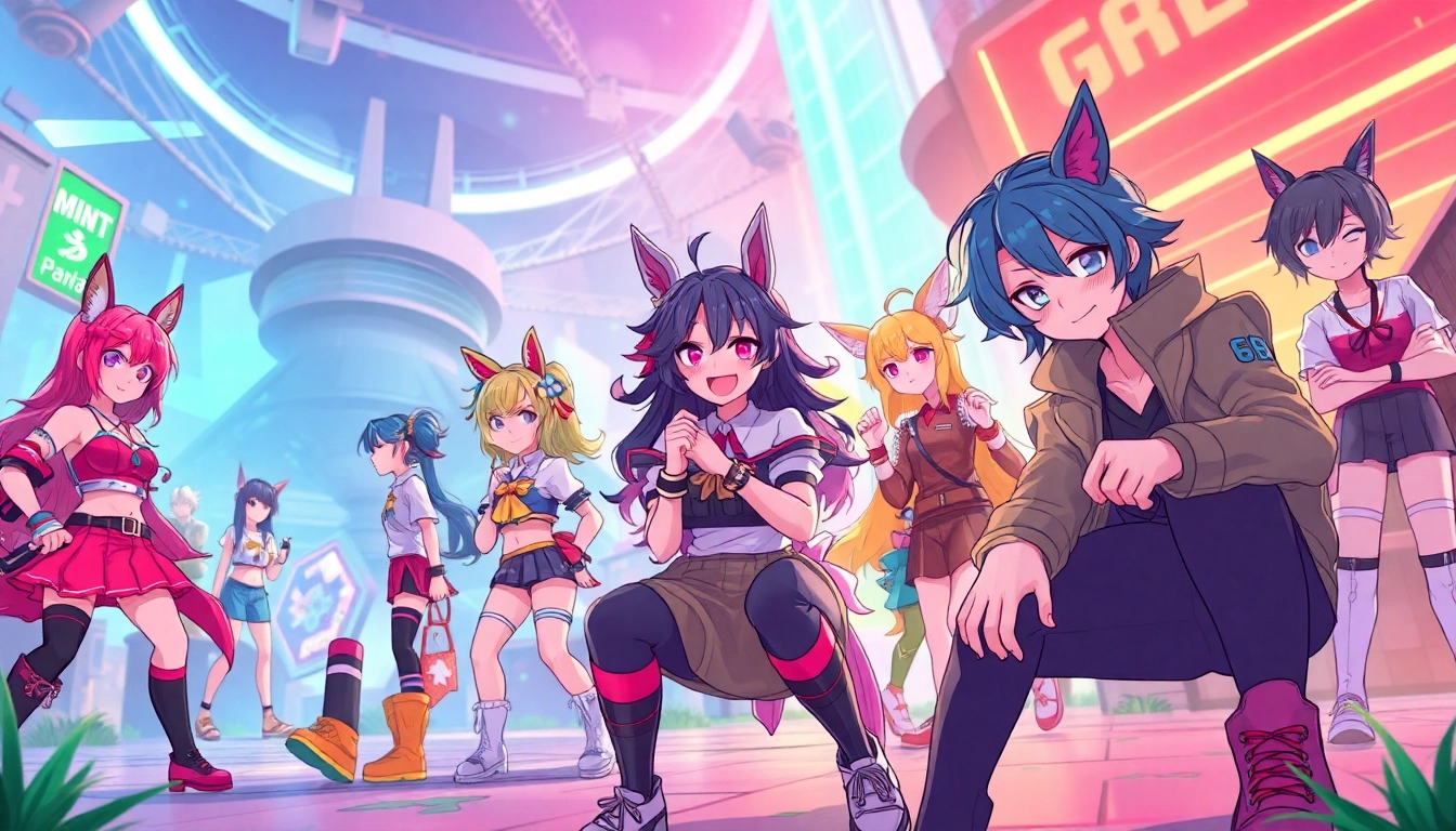 Dynamic characters in a colorful hentai game setting with vibrant neon lights.