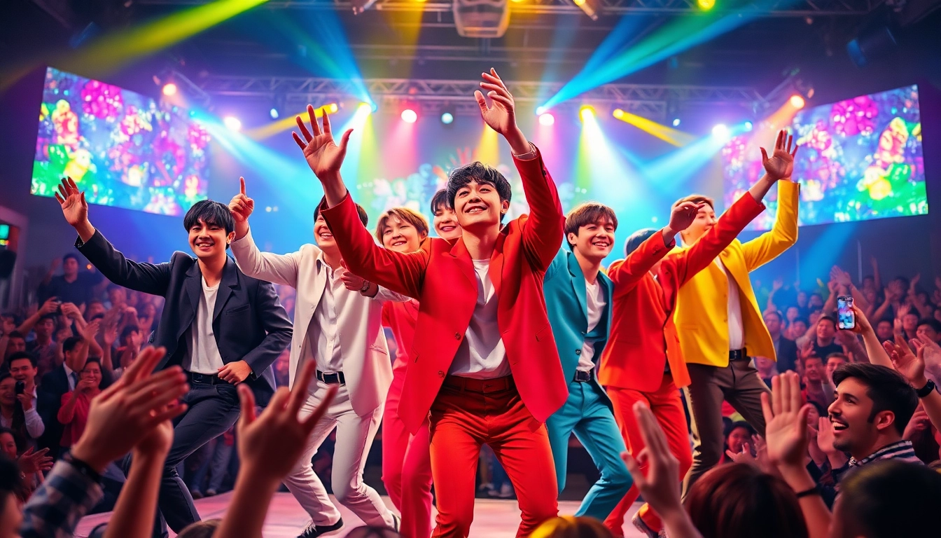 Exciting BTS news with vibrant stage performance captured in an energetic atmosphere.