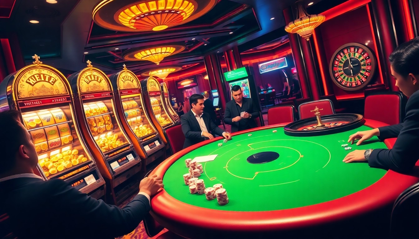 Rasakan sensasi berjudi dengan depo 5k di kasino yang hidup, menampilkan meja poker dan mesin slot.