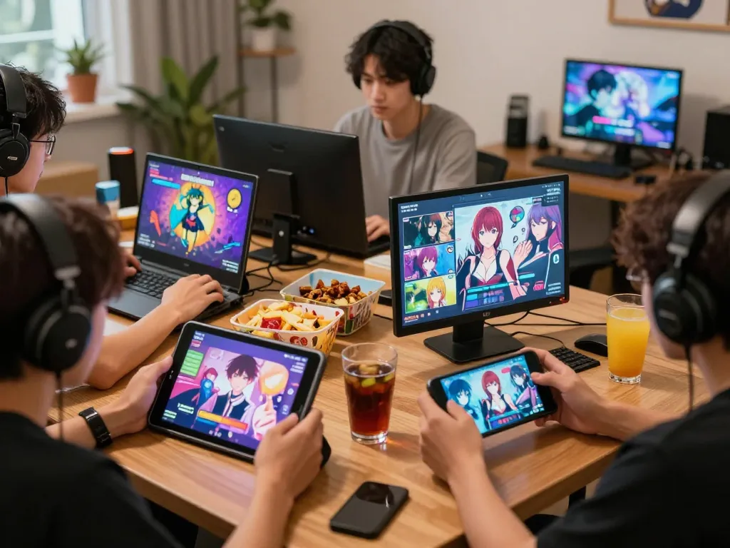 Players engaging to play porn games on various devices in vibrant gaming setup.