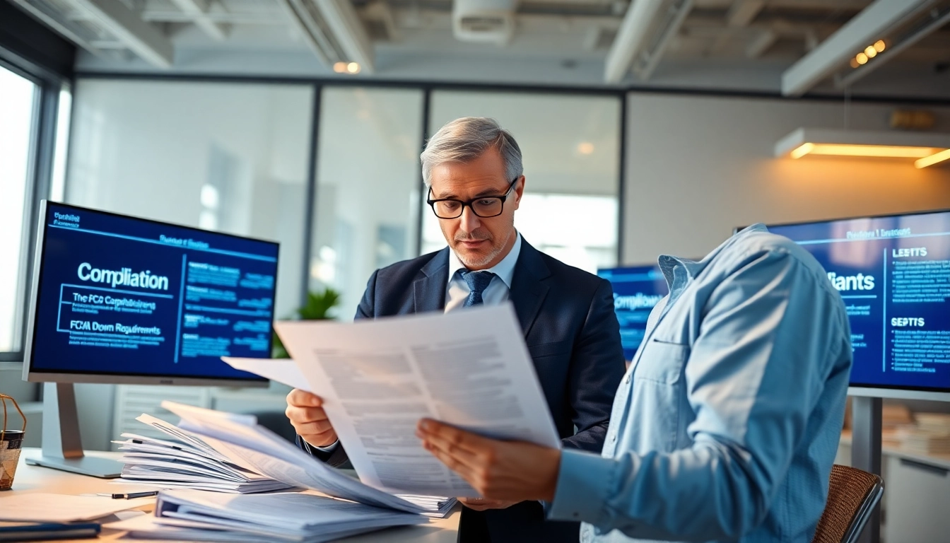 Compliance officer reviewing documentation for FCPA/DCAA/Flowdown/ITAR/EAR compliance in a modern office.