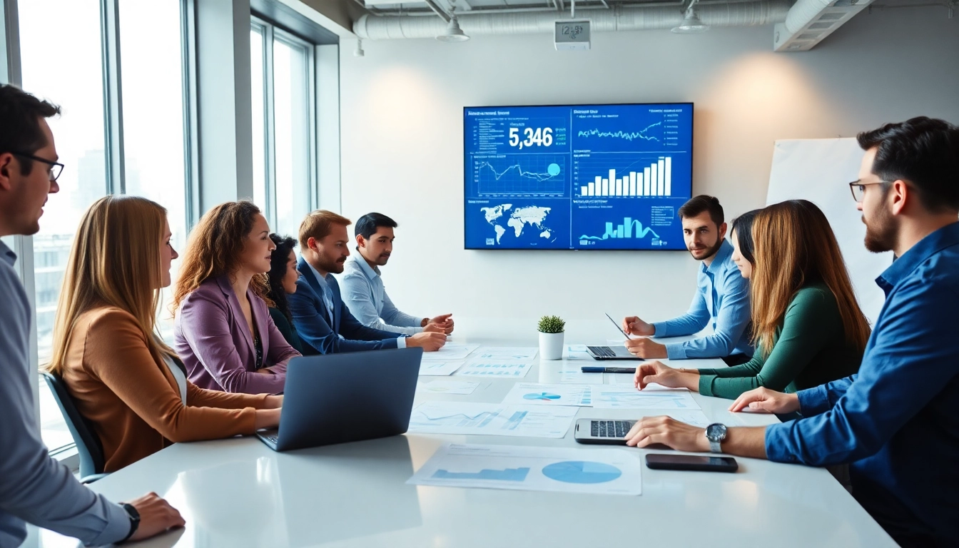 Analyze B2B competitive intelligence trends in a collaborative office environment with dynamic visuals.