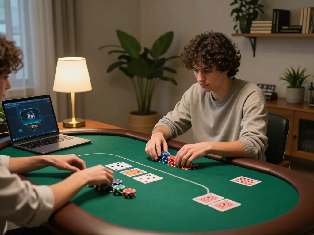 Player enjoying poker online at home with sc888 on laptop, showcasing a cozy and strategic gaming atmosphere.