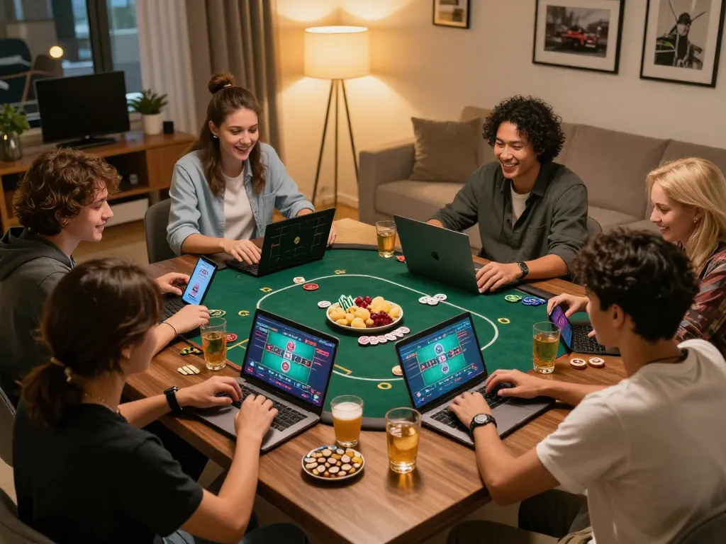Engaged players enjoying sc88 online casino gaming experience with laptops and smartphones in cozy atmosphere.