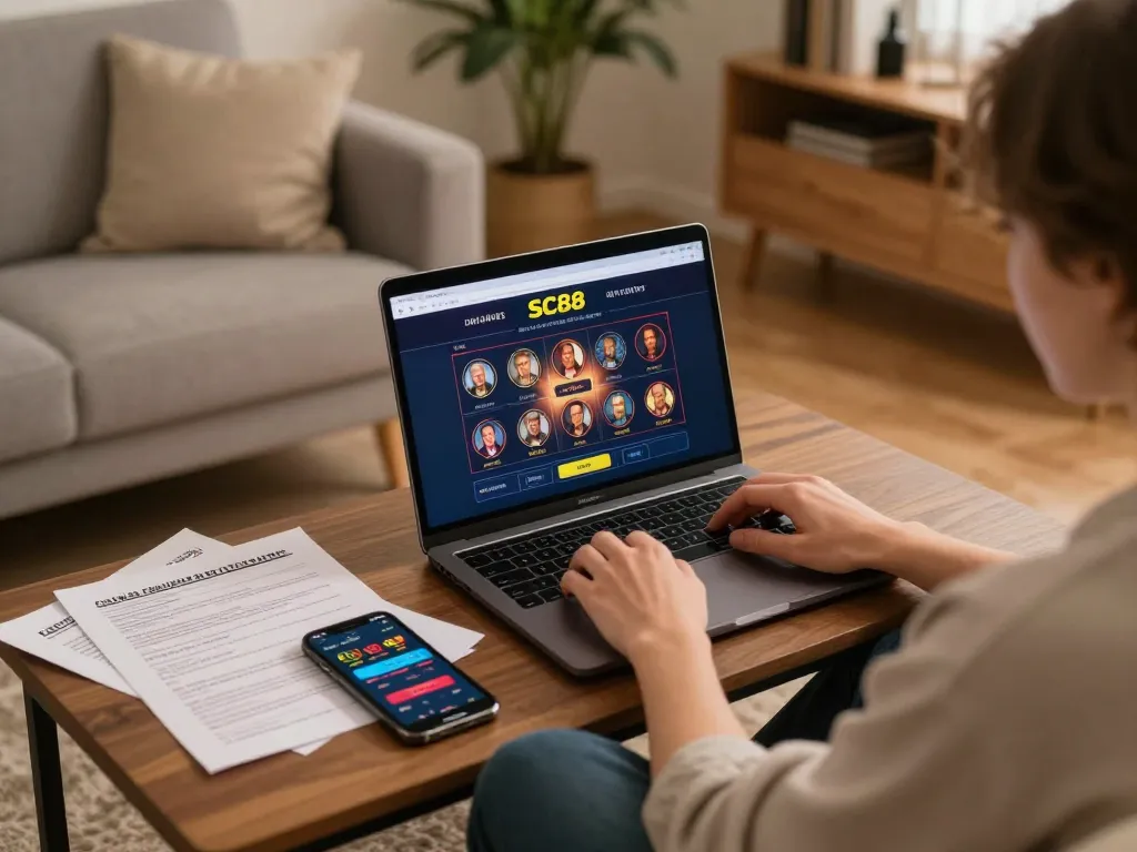 Engaged player exploring betting options on SC88-bm online platform during cozy home session
