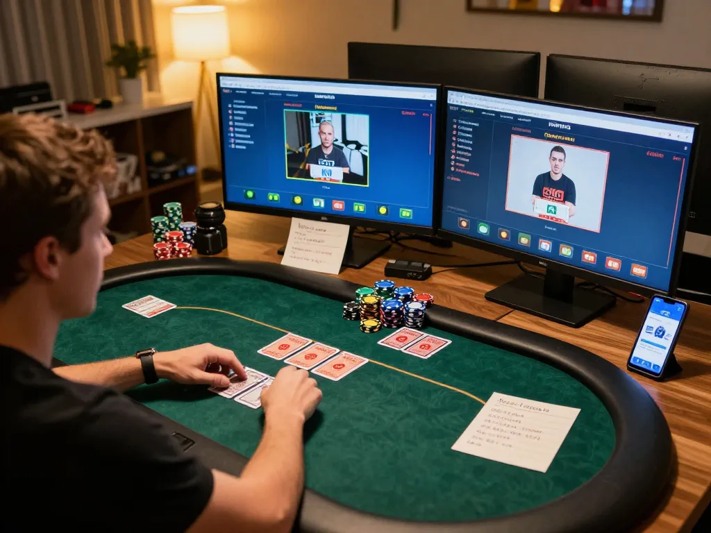 Engaged player utilizing c168-co for strategic poker gameplay in a warm, inviting home office.