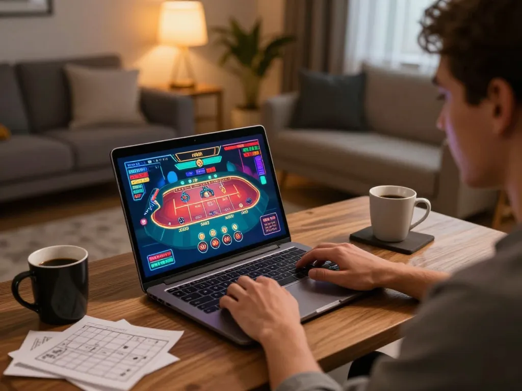 Playing online casino games on open888 platform, engaging in strategy and gameplay at home.