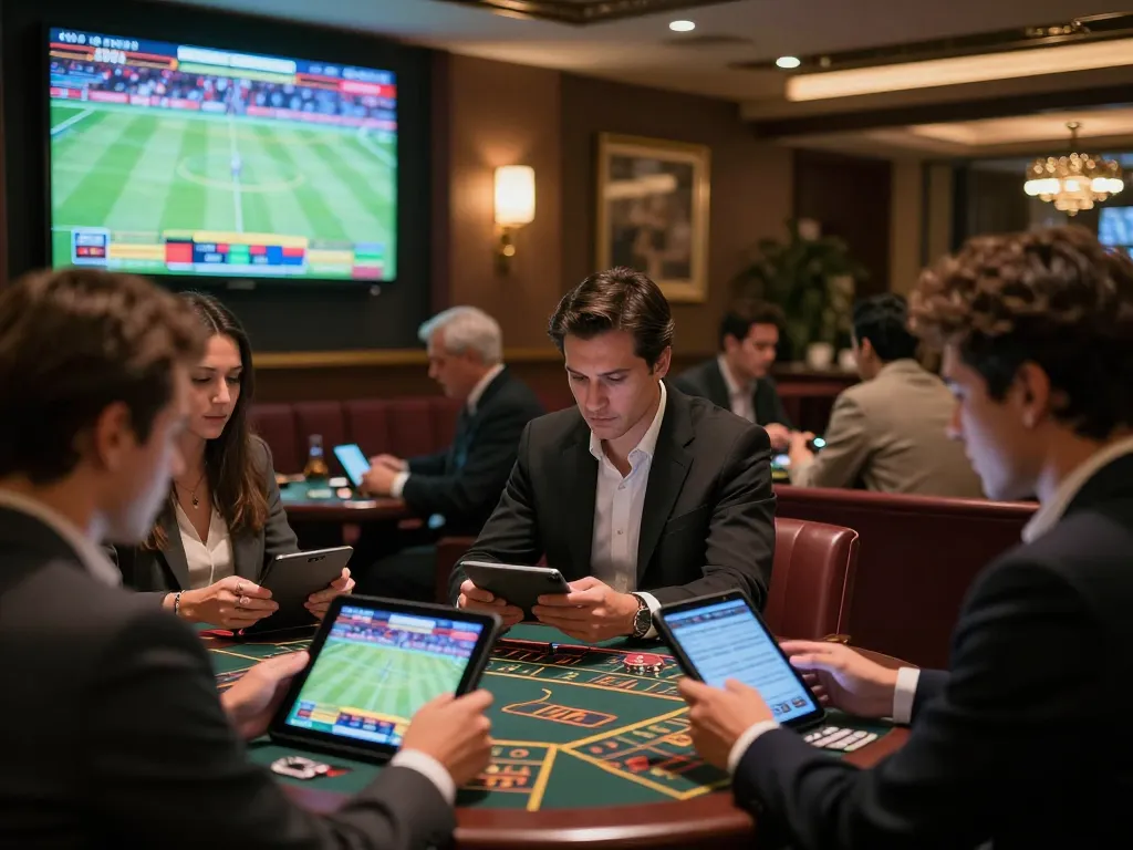 Dynamic sports betting scene featuring nhà cái c168 players engaged in real-time betting, tablets and screens visible.