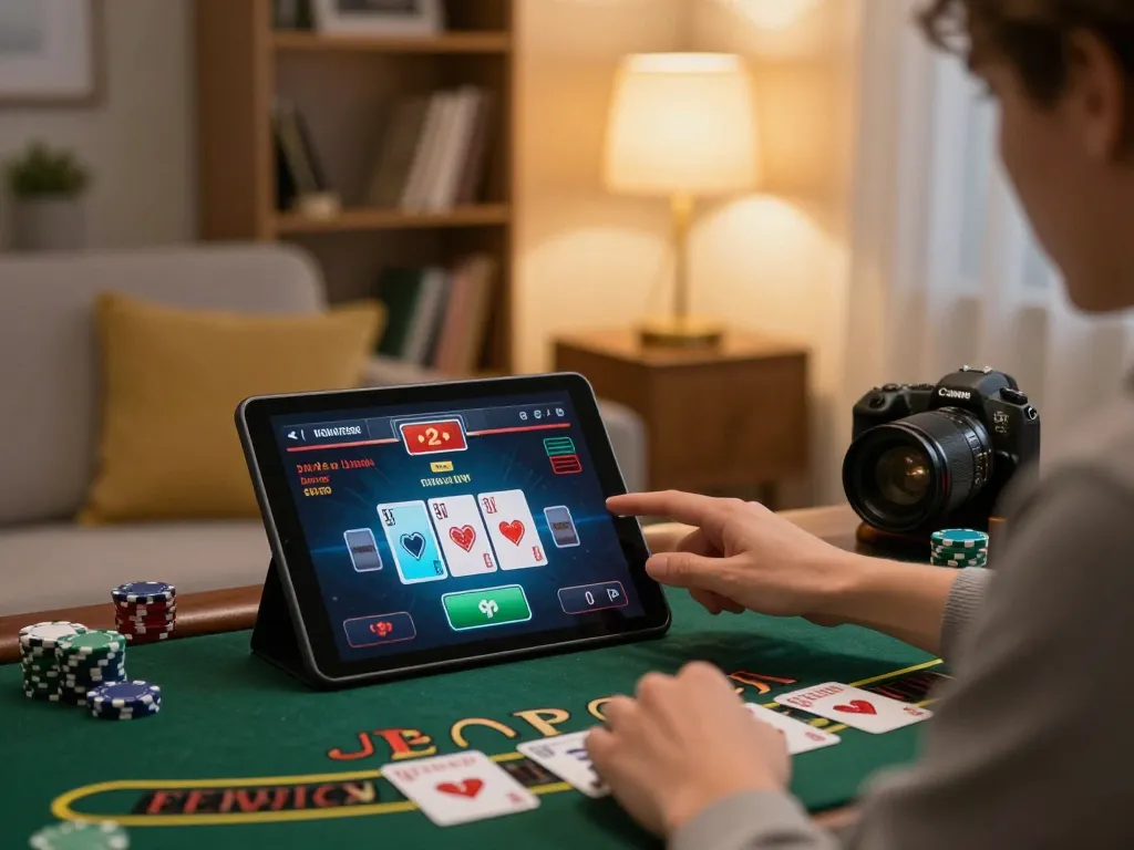 Player enjoying live dealer blackjack on tablet, ae888 online casino gaming experience.