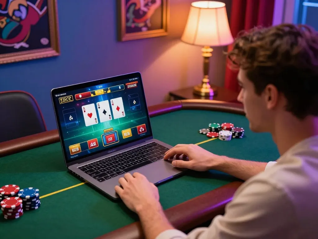 Player enjoying a kubet poker game on a laptop, surrounded by vibrant casino atmosphere and cozy lighting.