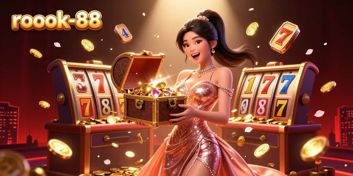 Spin the reels of rokok-88's exciting slots while admiring a treasure chest filled with gems and gold coins.