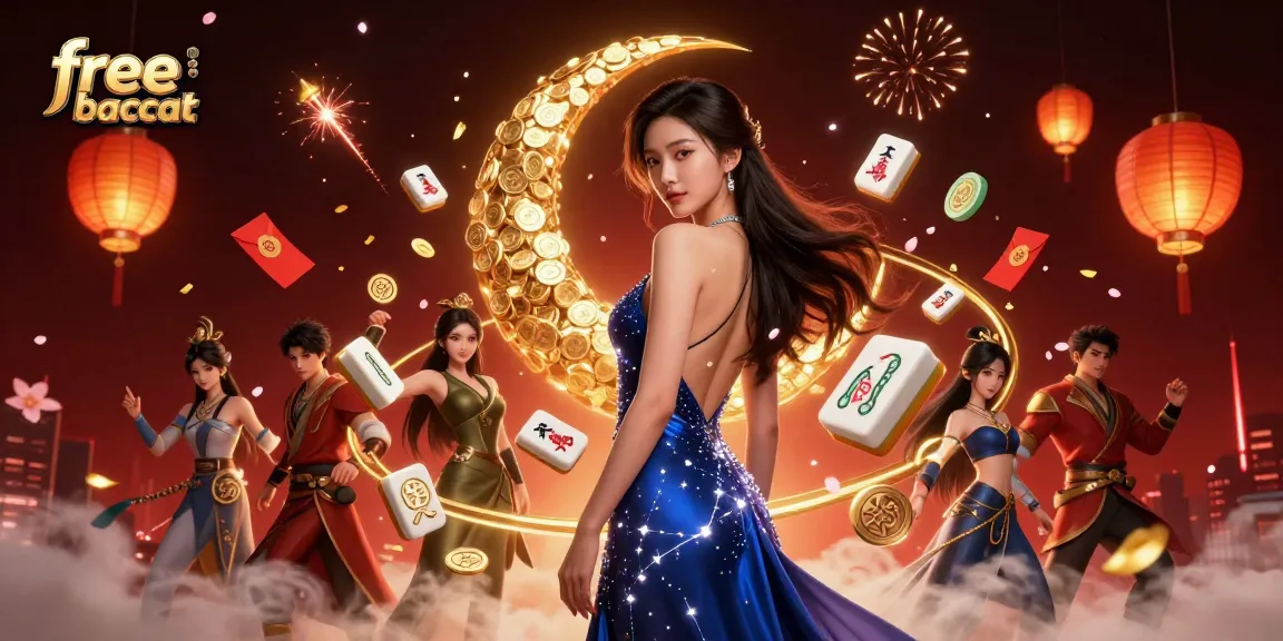 Engage in free credit baccarat with a stunning Asian woman amidst glowing casino symbols.