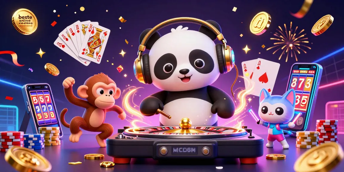 Experience excitement with the vibrant scene showcasing the beste online casinos nederland, featuring a DJ panda and festive elements.