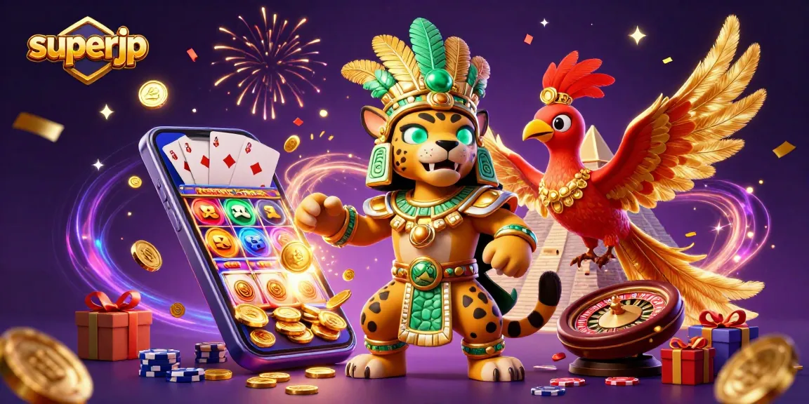 Spin the reels at superjp, featuring a Mayan jaguar priest, vibrant coins, and vibrant casino elements.