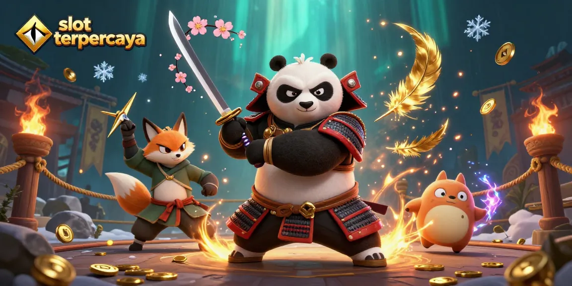 Experience thrilling gameplay in this slot terpercaya scene with samurai panda and ninja fox.