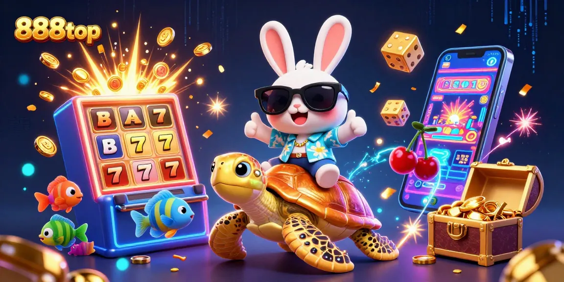 Experience the fun at 888top with a vibrant illustration featuring lucky symbols and energetic gameplay.