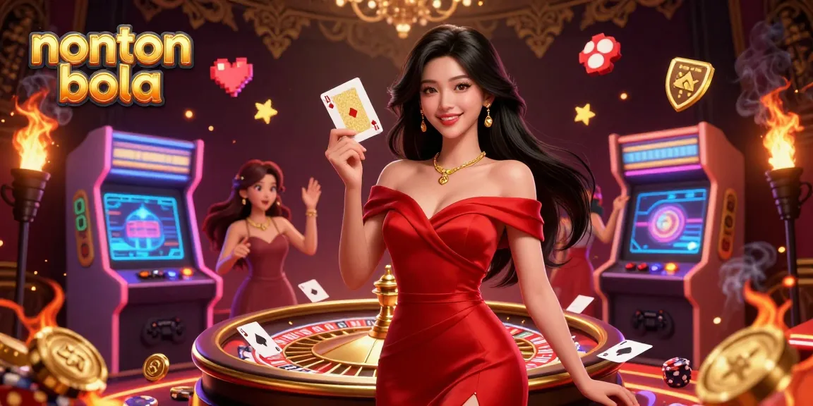 Enjoy nonton bola with an elegant Asian woman holding a golden playing card in a vibrant casino scene.
