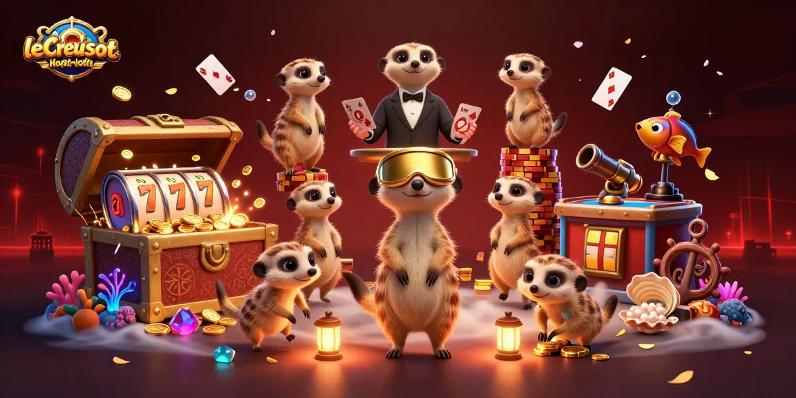 Experience exciting casino action at lecreusot-hotel with playful meerkats amidst vibrant gambling elements.