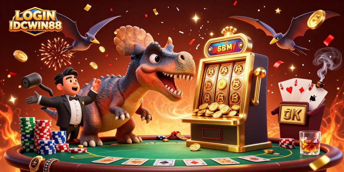 Catch the excitement of LOGIN IDCWIN88 as cartoon dinosaurs engage in a lively casino scene.