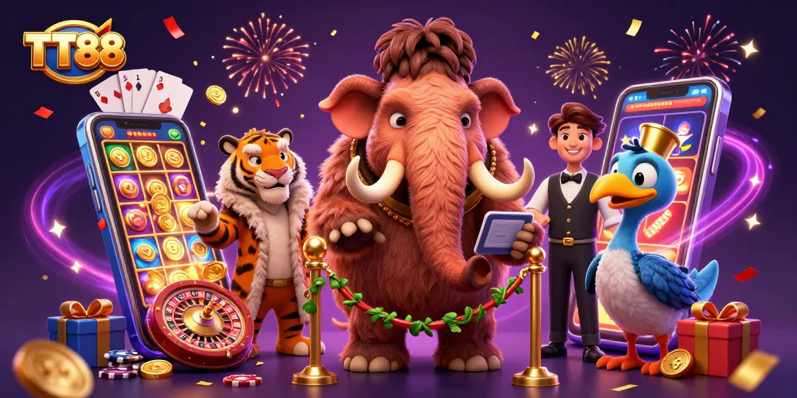 TT88 showcases a vibrant scene with a woolly mammoth bouncer, saber-tooth tiger VIP, and dodo doorman amid casino excitement.
