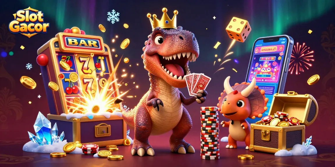 Experience Slot Gacor in a vibrant scene with dynamic characters, cards, and gold coins bursting through.