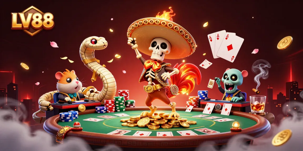 Join the festive LV88 action with a dancing mariachi rooster over golden coins, and gaming elements scattered around.