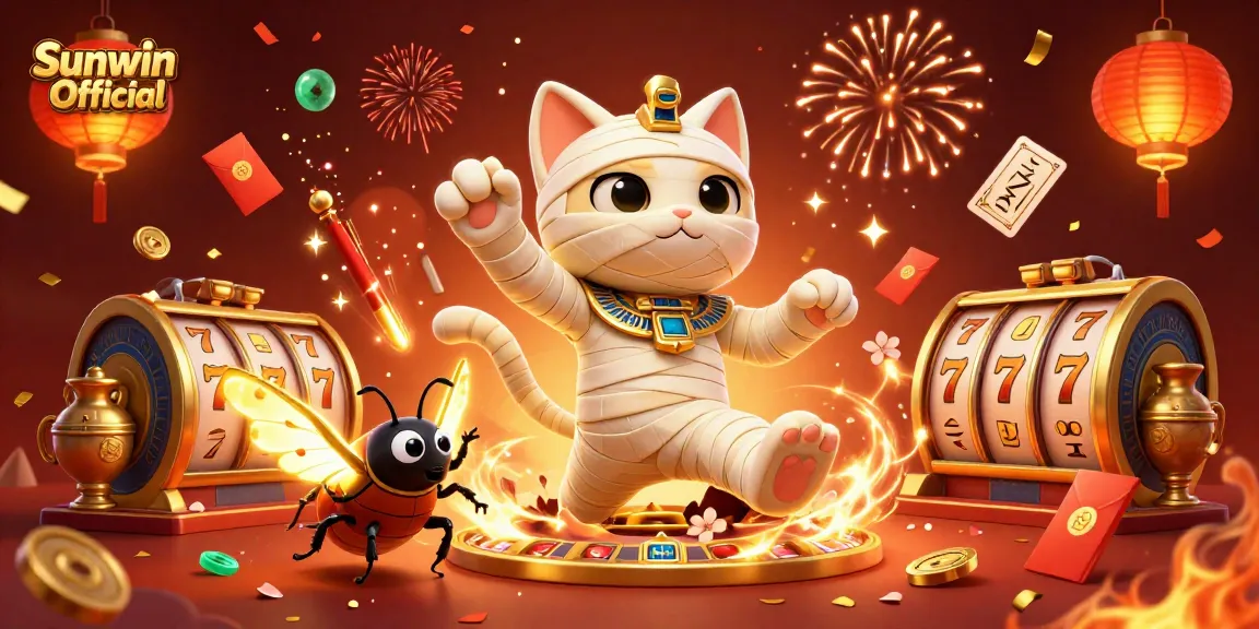 Experience excitement at Sunwin Official with a captivating 3D casino illustration featuring a mummy cat.