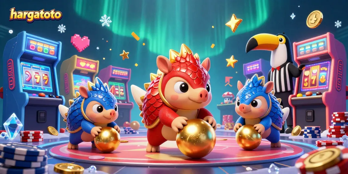 hargatoto pangolins compete in a colorful casino arcade with poker chips and lively game elements.