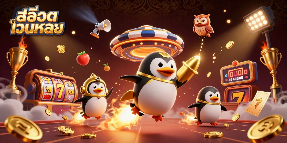 Engage with สล็อตเว็บตรง as a golden penguin navigates a dynamic casino cosmos filled with rich gameplay elements.