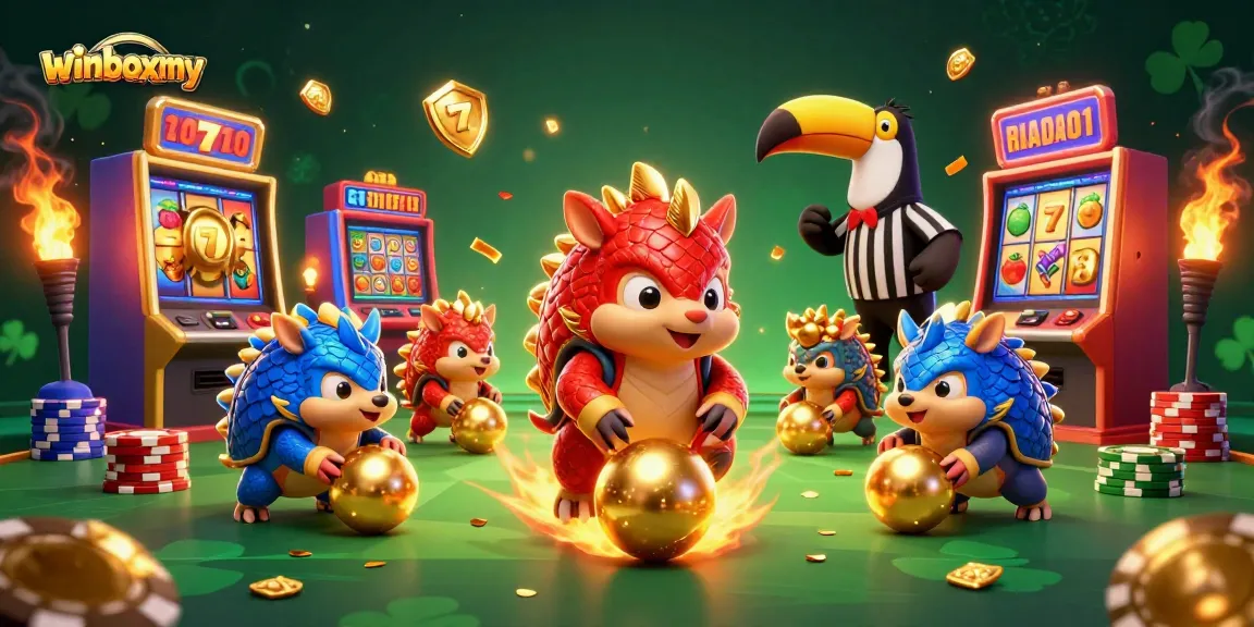 WinboxMY pangolins bowling through poker chips in a vibrant casino scene.