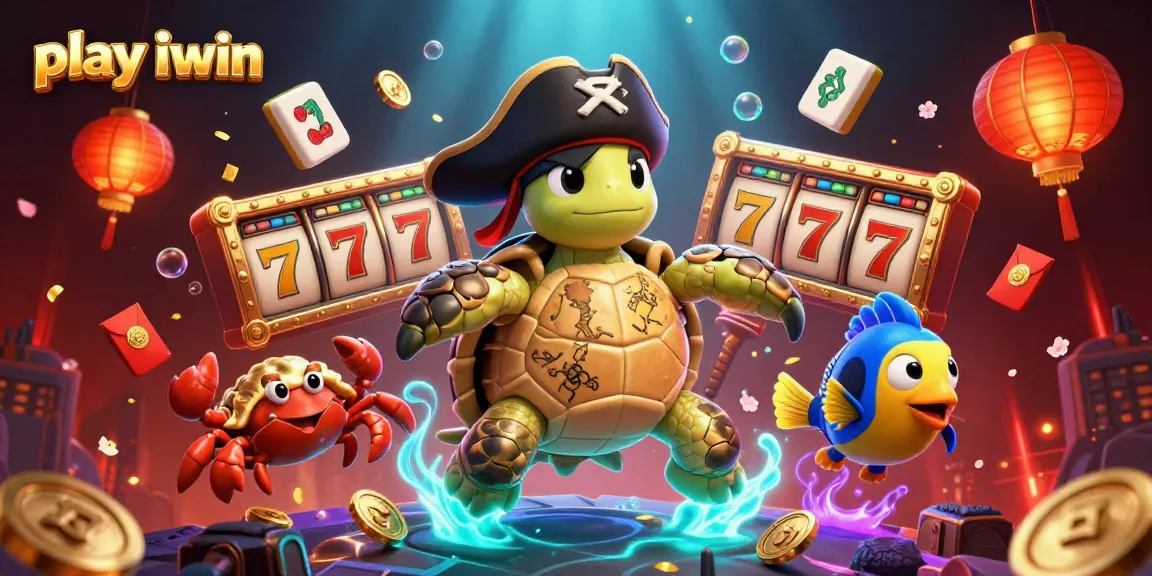 Play iwin with excitement in a vibrant 3D casino scene featuring festive game elements and animated characters.