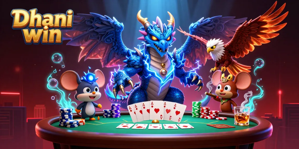 Dhani win captures an exciting gaming moment with a thunder dragon and poker elements in a vibrant scene.
