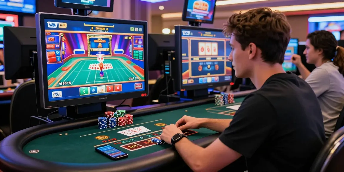 Exciting online casino gameplay featuring credit card options at https://ieee.org.uk, showcasing a player at a gaming table with vibrant screens and live interaction.